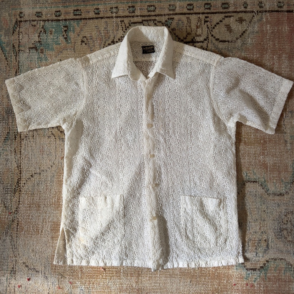 Vintage Le Baron International White Lace Embroidered Short Sleeve Shirt Mens L